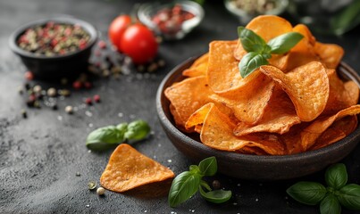 Bowl of Sweet Potato Chips With Fresh Basil.