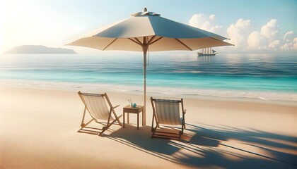 Beach Setting with Umbrella and Chairs. Summer background