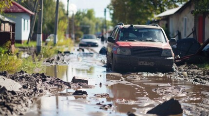 Aftermath of Urban Flooding: Debris and Damage. Devastating aftermath of urban flooding, showing a residential street cluttered with debris and damaged vehicles