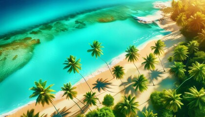 Top view of sun-drenched beach with turquoise waters and palms. Summer background