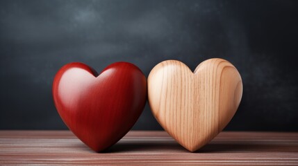 Fototapeta premium Two Wooden Hearts on Wooden Table