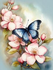Watercolor of dogwood blossom and butterfly