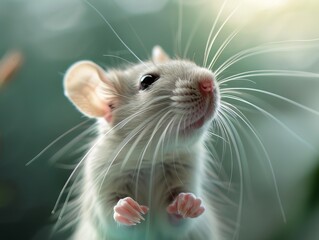 A close up of a small white mouse looking up. Generative AI. Generative AI.