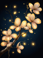 Vibrant digital illustration of a dogwood branch adorned with twinkling fireflies, soft glowing light.