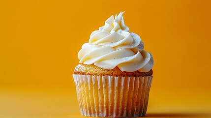 A cupcake with white frosting on a yellow background. Generative AI.