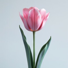 A pink tulip is in a vase with green leaves. Generative AI.