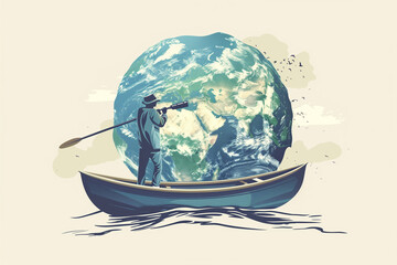 Man Rowing Boat With Earth Background