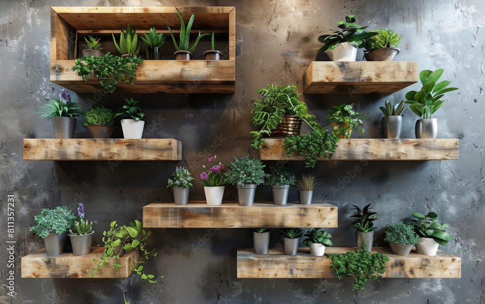 Poster a wall of shelves with many potted plants on them. the plants are of various sizes and colors, and t