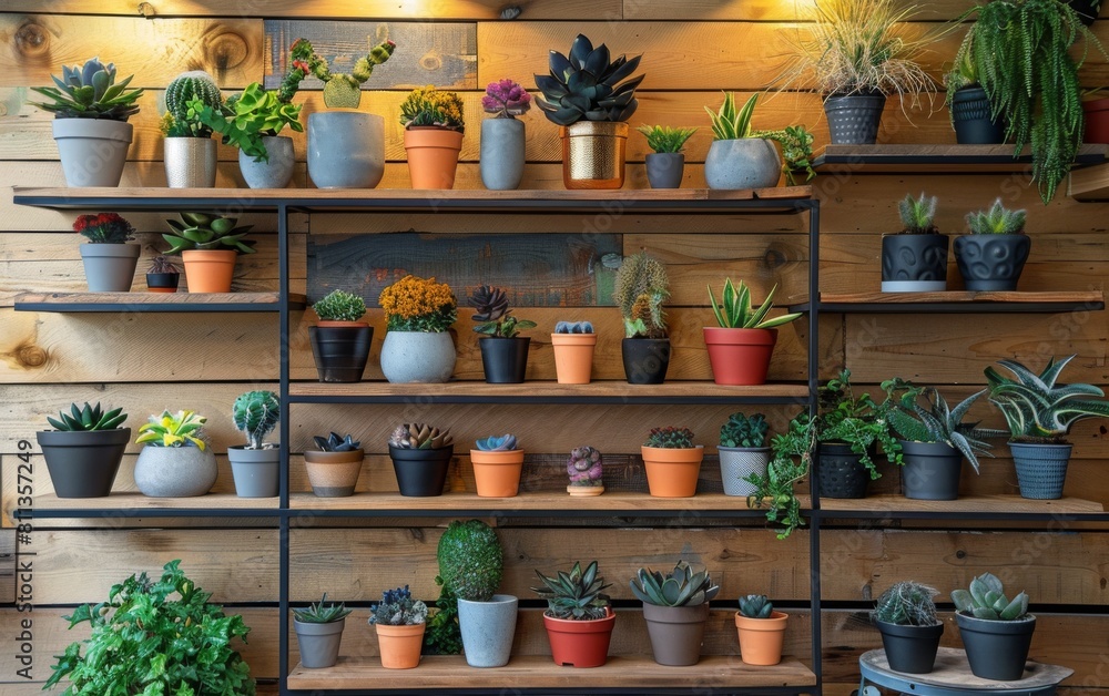 Poster a shelf full of potted plants, including some cacti and succulents. the plants are arranged in vario