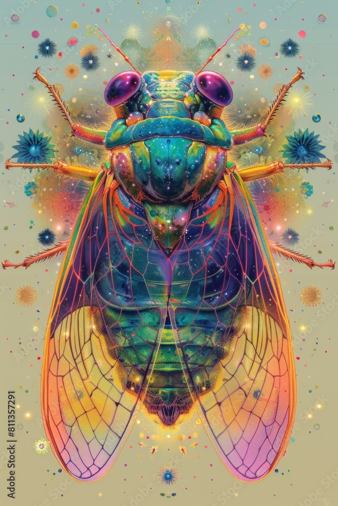 Poster a colorful image of a large bug with many colors, ai