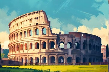 Naklejka premium The Colosseum Rome beautiful landscape. artful painting style illustration with grungy brush stroke texture. Generative AI