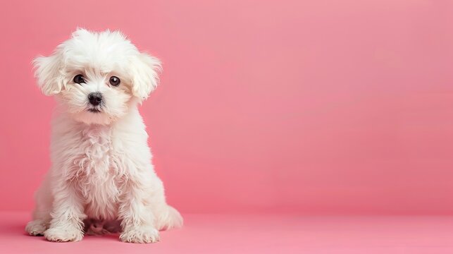 A small white dog sitting on a pink background. Generative AI. - Powered by Adobe