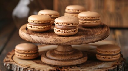 Hazelnut flavored macarons displayed on vintage wooden surface with a wooden stand Perfect photo for pastry dessert or food blog
