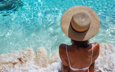 A woman wearing a straw hat is sitting on the beach. The hat is brown and has a wide brim. The woman is looking out at the ocean, and the water is blue. The scene is peaceful and relaxing
