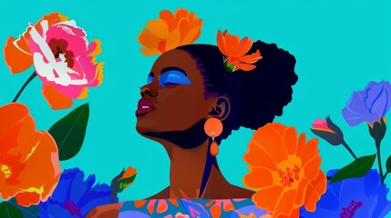An illustration in vivid and motley colors of an African woman among flowers
