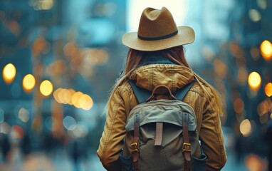 A woman wearing a brown hat and a green backpack is walking down a city street. The scene is set at night, with lights illuminating the area. The woman is enjoying her walk