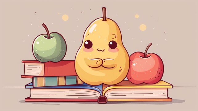 educational fruit character, adorable pear cartoon sits on books, symbolizing love for learning and education with its sweet and charming character