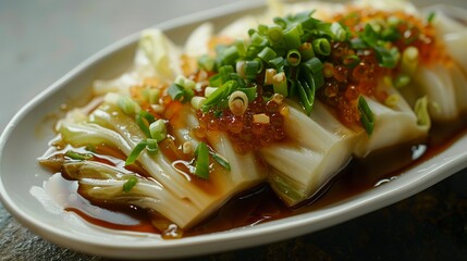 a mouth-watering boiled cabbage, adorned with chopped green onion, a small amount of sweet pepper, light soy sauce, oval shaped white plate