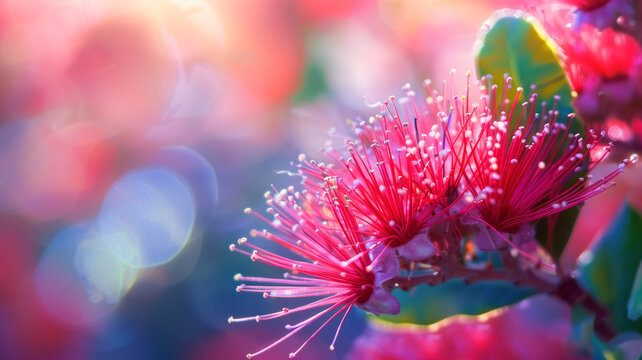 Closeup shot of pohutukawa tree flower. Bokeh background. Iconic New Zealand's native Christmas tree. 