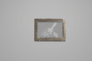 Vintage picture frame with broken glass plate in front of grey background. 3D Rendering
