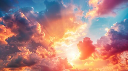 Fototapeta premium Majestic sunrise and sunset sky background with colorful clouds and no birds in a panoramic and large scale view