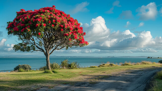 Blooming pohutukawa tree on the coast against blue sky on a sunny day. Iconic New Zealand's native Christmas tree. 