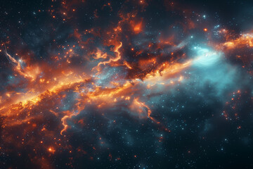 Orange nebula and galaxies in space. Horizontal. Background. Texture