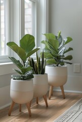 Three Potted Plants on Wooden Table