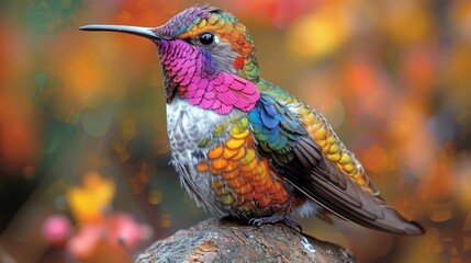 A colorful bird perched on a rock with blurred background, AI