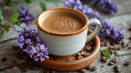 A Cup of Coffee and Purple Flowers