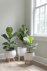 Three Potted Plants on Wooden Table