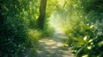 Mystical forest path with sunbeams filtering through lush greenery