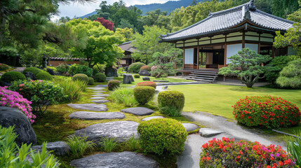 A serene traditional Japanese garden with traditional wooden house