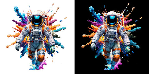 Astronaut with colorful paint splashes isolated on black and white