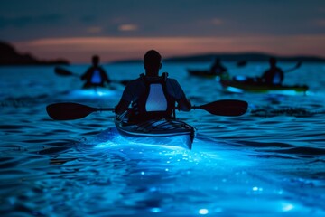 Kayakers in bioluminescent bay. Bioluminescence, illumination of marine plankton. Glowing fluorescent particles. Summer travel and tourism concept. Tropical night beach, sea
