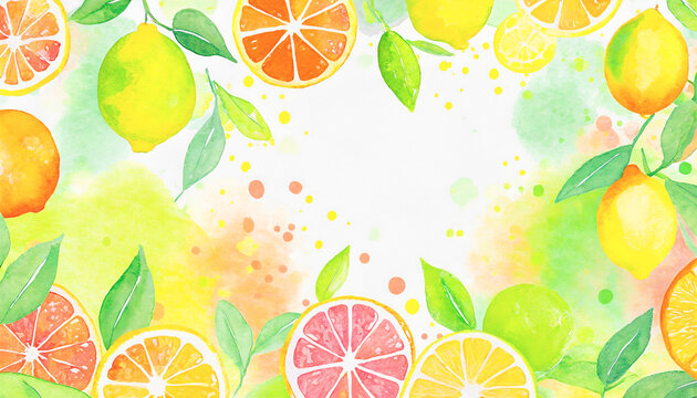 Colorful painted watercolor citrus fruit summer food background frame border for menu, stationary, invite, backdrop, wallpaper, in bright happy colors of yellow orange green and pink.