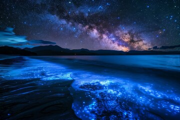 Bioluminescent beach under starry sky. Milky Way galaxy, stargazing. Bioluminescence, the glow of marine plankton. Glowing fluorescent particles. Summer travel and tourism concept.