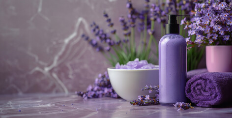 Bottle of Lotion Beside Bowl of Lavender Flowers