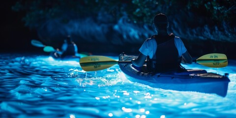 Group of kayakers on bioluminescent water. Bioluminescence, illumination of marine plankton. Glowing fluorescent particles. Summer travel and tourism concept. Tropical night bay