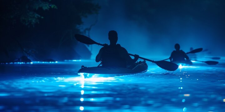 Kayakers on bioluminescent water. Bioluminescence, illumination of marine plankton. Glowing fluorescent particles. Summer travel and tourism concept. Tropical night bay