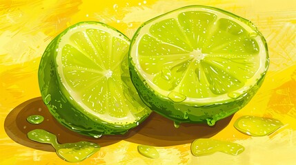 Fresh lime halves on a yellow background, citrus freshness concept