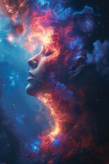 A woman's face is shown in a colorful nebula with stars, AI
