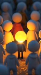 A 3D illustration showing a glowing individual among a crowd, possibly representing themes of uniqueness and isolation, suitable for discussions on individuality or social themes in presentations or a