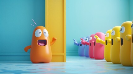 A 3D animated scene of a surprised character reacting to peers pointing, illustrating themes of peer pressure or social dynamics, great for discussions on social behavior or group influence.