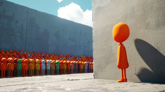 3D visualization of a single orange figure standing out from a crowd of other figures, illustrating themes of individuality and diversity, for use in discussions about uniqueness and identity.