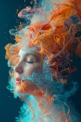 A woman with orange hair and blue eyes is covered in colorful liquid, AI