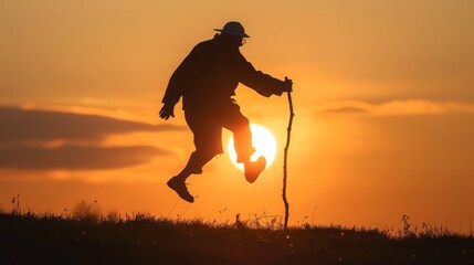 Silhouette of an old man jumping into the air on his walking stick and clicking his heels together, sun in the background, concept: happy retirement, 16:9