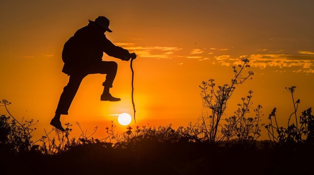 Silhouette of an old man jumping into the air on his walking stick and clicking his heels together, sun in the background, concept: happy retirement, 16:9