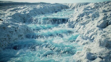 Detailed look at a glacier's meltwater river, turquoise water rushing through ice channels realistic
