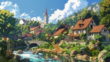 Digital artwork depicting a quaint village created in pixel art style. Generative AI realistic